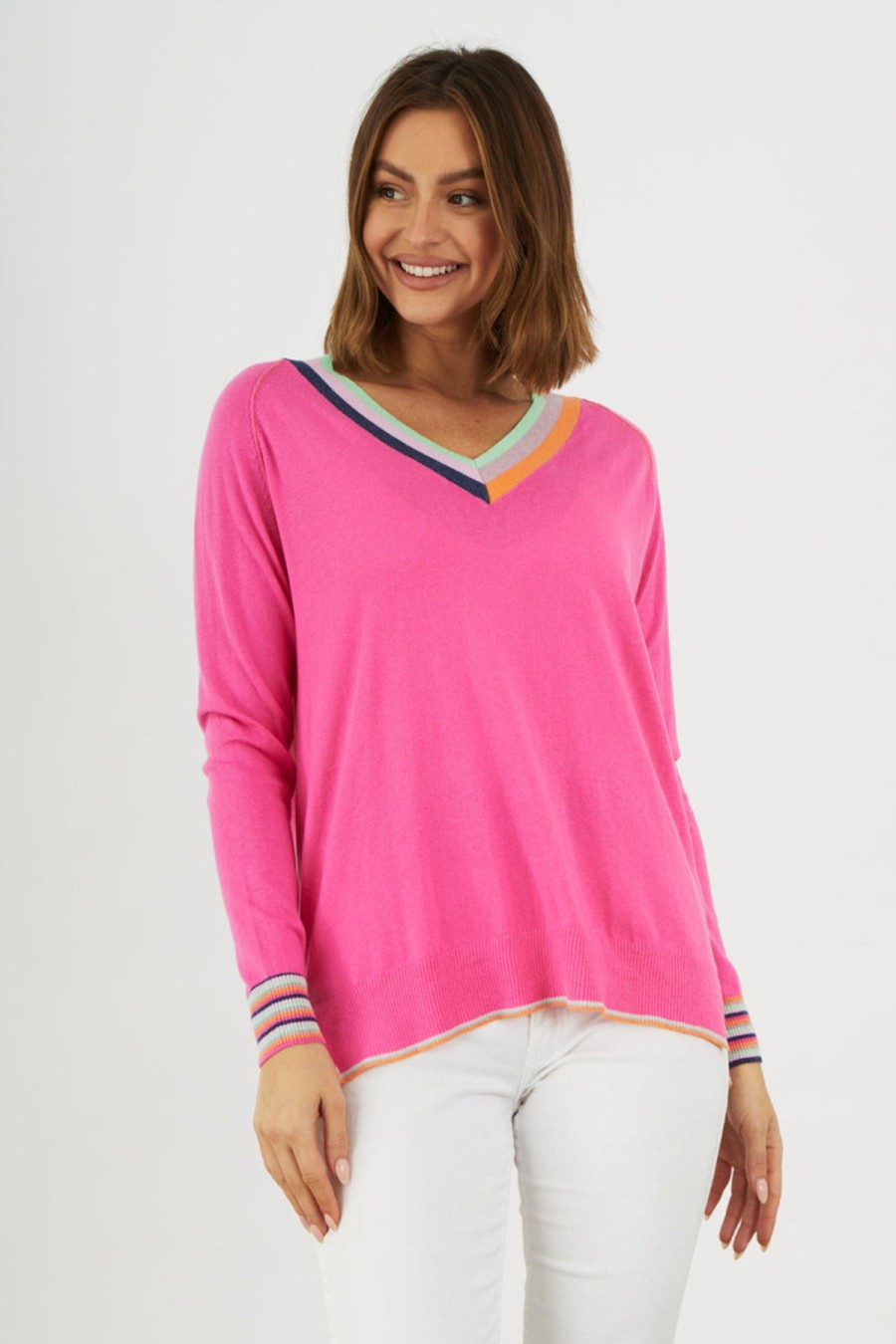 Women Zaket & Plover Sweaters | W'S Stripe V Sweater-Hot Pink