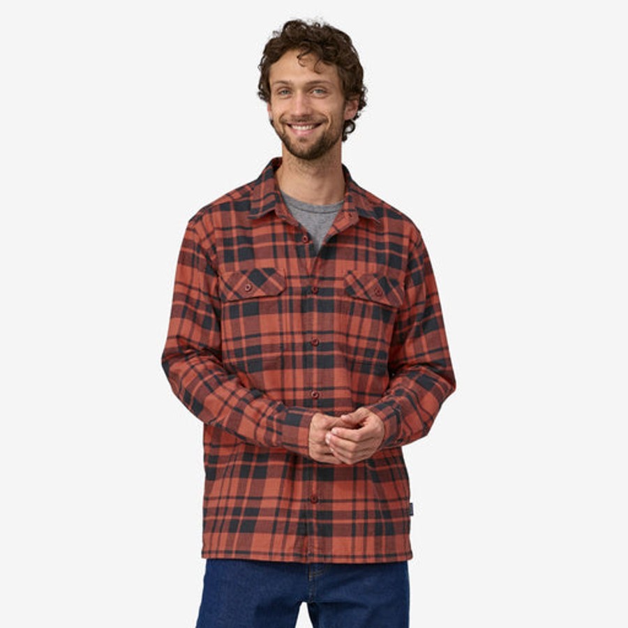 Men Patagonia Shirts | M'S Long-Sleeved Organic Cotton Fjord Flannel Shirt-Ice Cap Burl Red