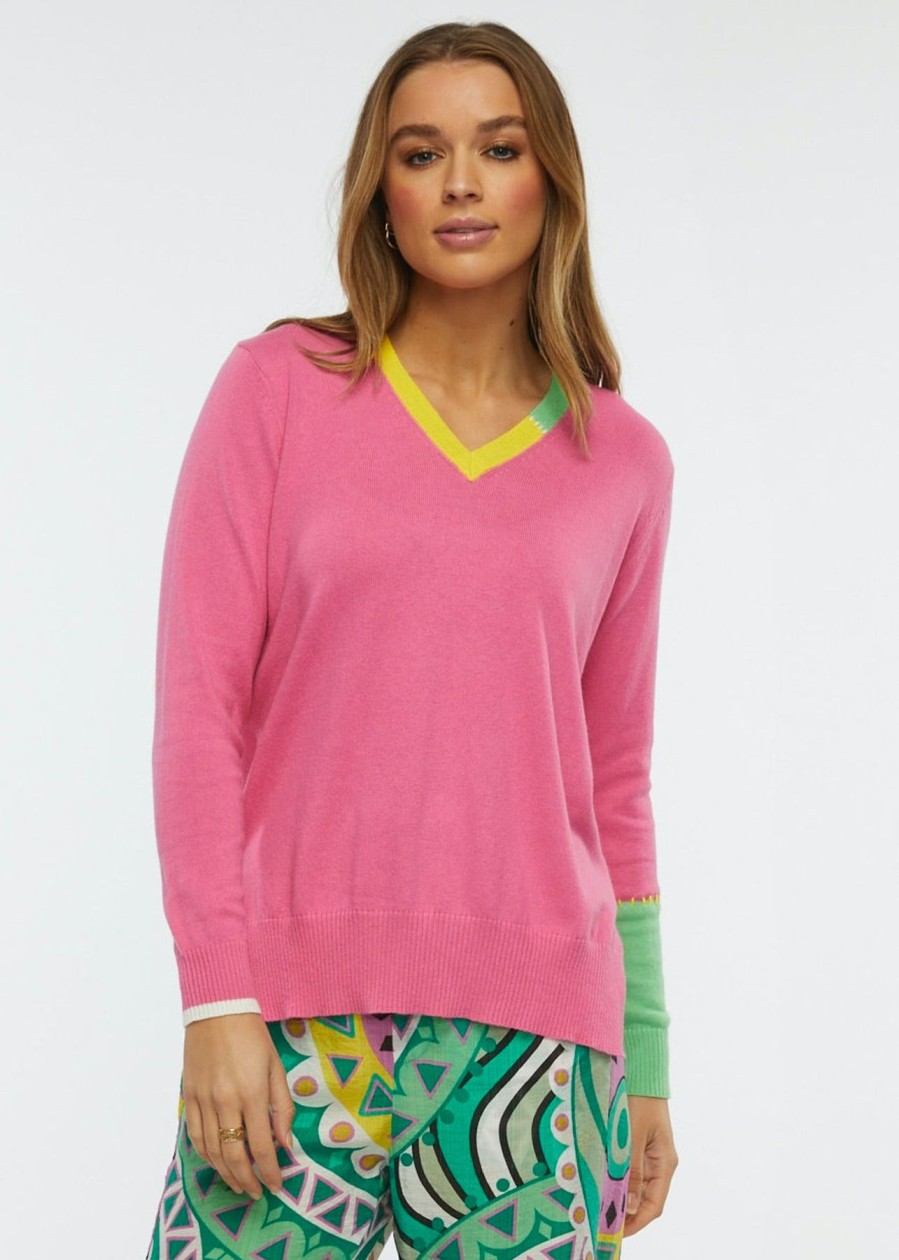 Women Zaket & Plover Sweaters | W'S Block Trim Sweater- Barbie